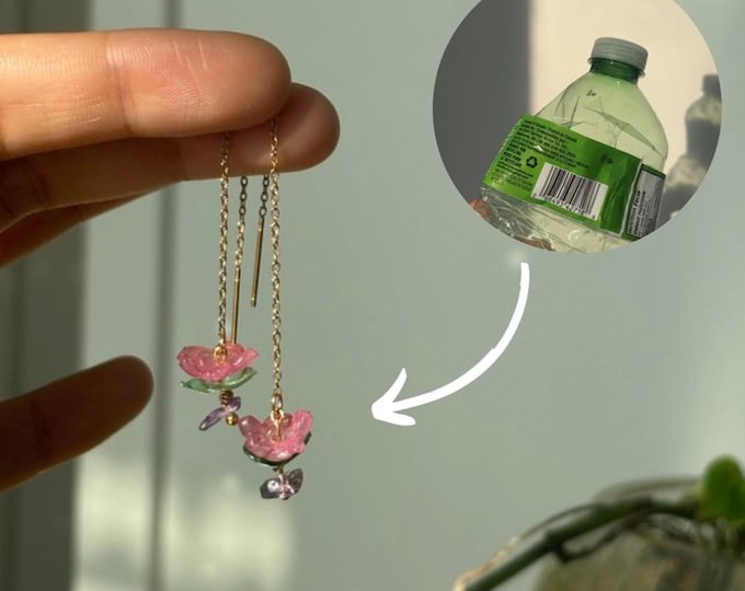 Recycled plastic Jewellery, Recycled plastic earrings, threader earrings, Floral earrings