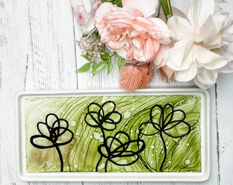 Green with Black Doodle Flowers Hand Painted Tray