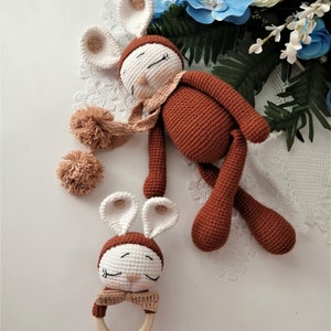 Amigurumi Handmade Brown Sleepy Bunny and Baby Rattle. Healthy Knitting .Christmas.Play Toy or Accessories Gift for Kids.Pregnant present