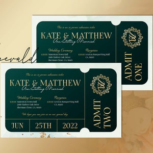 Hochzeitskarte personalisiert, Zugeben Sie einen druckbaren digitalen Download, Smaragd Einladungskarte DIY-Ticket, personalisierbar, Grün und Gold