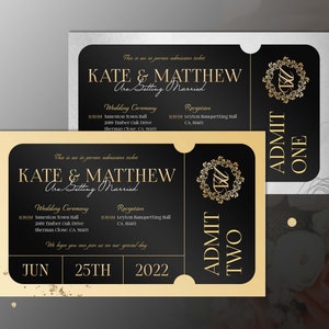 Black Wedding Ticket Personalised, Admit One Printable Digital Download, Ticket Invitation Event, DIY Ticket, Gold or Silver BG Option