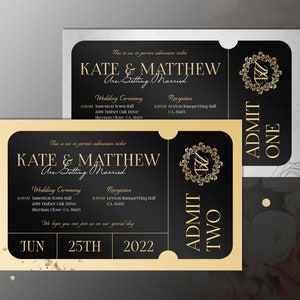 Schwarzes Hochzeitsticket personalisiert, Zugeben Sie einen druckbaren digitalen Download, Ticket Einladung Event, DIY Ticket, Gold oder Silber BG Option