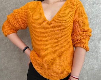 Hand Knitted Merino Wool Oversized Sweater - Orange Jumper