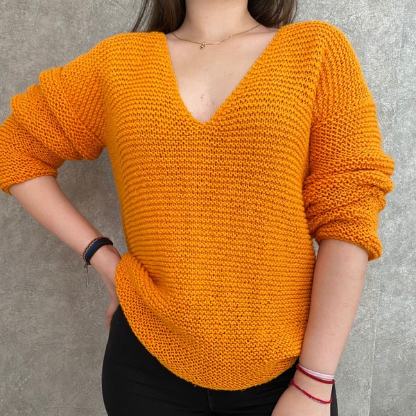 Hand knitted wool oversized sweater, handmade wool jumper, orange sweater