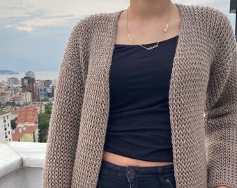 Hand Knitted Merino Wool Cardigan Beige Knit Jacket