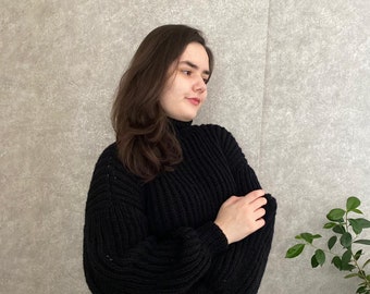 Wool hand knitted black sweater, chunky knit jumper