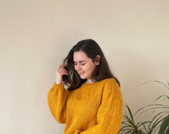 Hand knitted wool crop top jumper. Hand knitted mustard jumper.