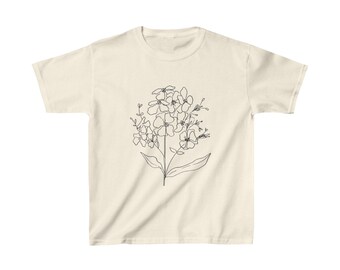 Kids Heavy Cotton™ T-shirt, lijnbloemmotief, botanisch, Boho, kinderen, meisjes, kleding, XS, S, M, L. XL