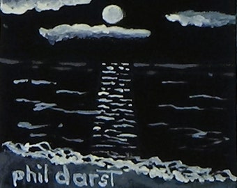 Moonlight on ocean mini painting siesta key beach 3 x 3 painting
