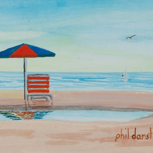 Coastal Florida Beach Scene Painting with Chair and Umbrella - Wall Art Decor