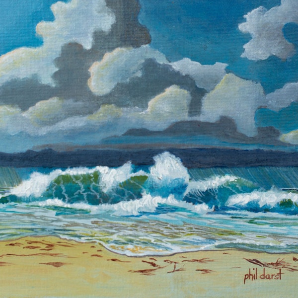 Stormy sky over coastal beach sea and sand scene ocean scene print by Phil Darst