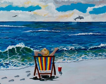 Beach lover spots a leaping dolphin tropical beach scene Florida beach print by Phil Darst