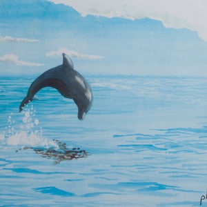 Dolphin diving into the ocean white-capped waves view from Siesta Key Beach print.