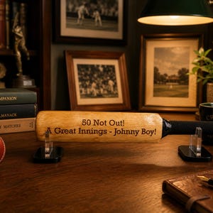 May include: A wooden cricket bat with the inscription "50 Not Out! A Great Innings - Johnny Boy!" is displayed on a desk. A cricket ball, books, and a mug are also visible. The bat is supported by two clear stands.