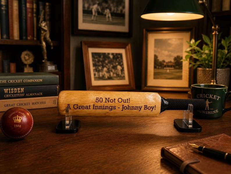May include: A wooden cricket bat with the inscription "50 Not Out! A Great Innings - Johnny Boy!" is displayed on a desk. A cricket ball, books, and a mug are also visible. The bat is supported by two clear stands.