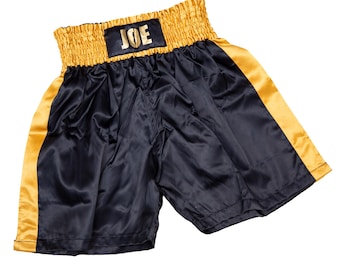 Short de boxe personnalisé - Satin noir et doré - Coffret cadeau - Enfants + Hommes