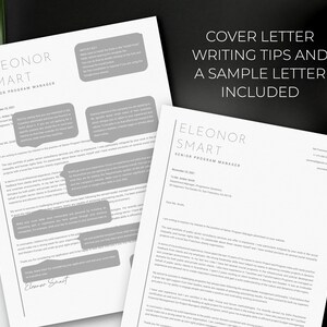 May include: Two printed cover letter templates with the name "Eleonor Smart" and the title "Senior Program Manager." The text "Cover Letter Writing Tips and a Sample Letter Included" is displayed at the top. The documents are on a dark surface.