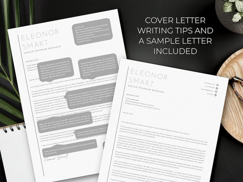 May include: Two printed cover letter templates with the name "Eleonor Smart" and the title "Senior Program Manager." The text "Cover Letter Writing Tips and a Sample Letter Included" is displayed at the top. The documents are on a dark surface.