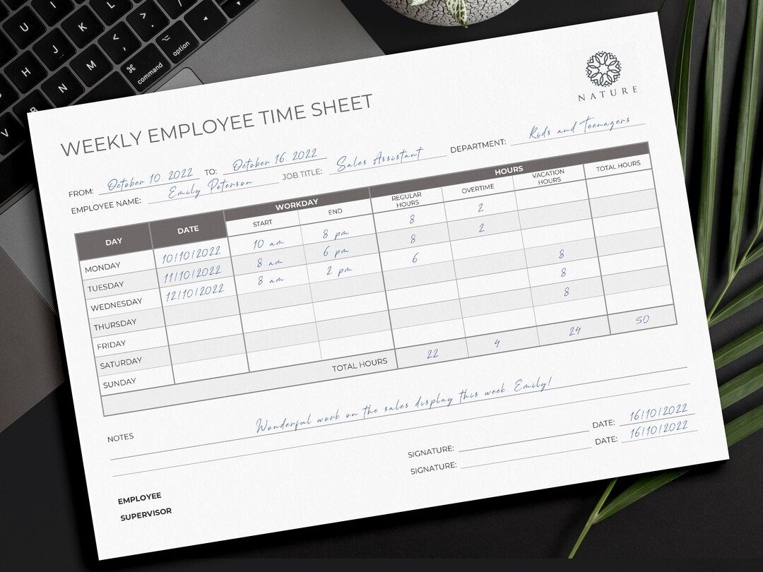 Employee Timesheet Weekly Editable and Printable Time Card Work Hours