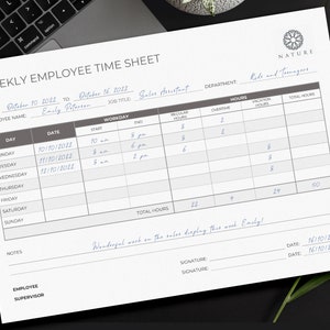 May include: A weekly employee time sheet with the title "Weekly Employee Time Sheet" and the company name "Nature" printed at the top. The sheet is filled out with dates, days of the week, start and end times, regular hours, overtime hours, vacation hours, and total hours worked. The sheet is dated October 10, 2022 to October 16, 2022. The employee name is Emily Peterson and the job title is Sales Assistant. The department is Kids and Teenagers.
