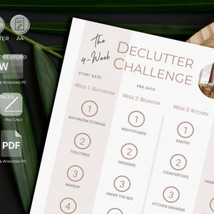 Peut inclure: Une liste de contr&ocirc;le imprimable pour un d&eacute;fi de d&eacute;sencombrement de 4 semaines. Le d&eacute;fi est divis&eacute; en quatre semaines, chaque semaine se concentrant sur une zone diff&eacute;rente de la maison&nbsp;: salle de bain, chambre &agrave; coucher, cuisine et autres zones. Chaque semaine comporte une liste de zones &agrave; d&eacute;sencombrer, avec les num&eacute;ros 1 &agrave; 4 &agrave; c&ocirc;t&eacute; de chaque zone.