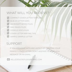 May include: A white notepad with a pen, with text that reads "WHAT WILL YOU RECIEVE?" and a list of cover letter features. The image also includes a plant and a mug on a wooden surface.