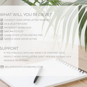 May include: A digital home offer letter template with a list of included items, such as A4 and US letter sizes, Microsoft Word files, and writing tips. The text is displayed on a white notepad with a pen, with a wooden table and green leaves in the background.