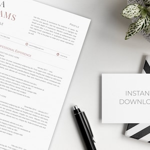 May include: A resume template with a pink and white color scheme. The template includes sections for professional title, professional experience, and profile. The text "INSTANT DOWNLOAD" is visible in the bottom right corner of the image.