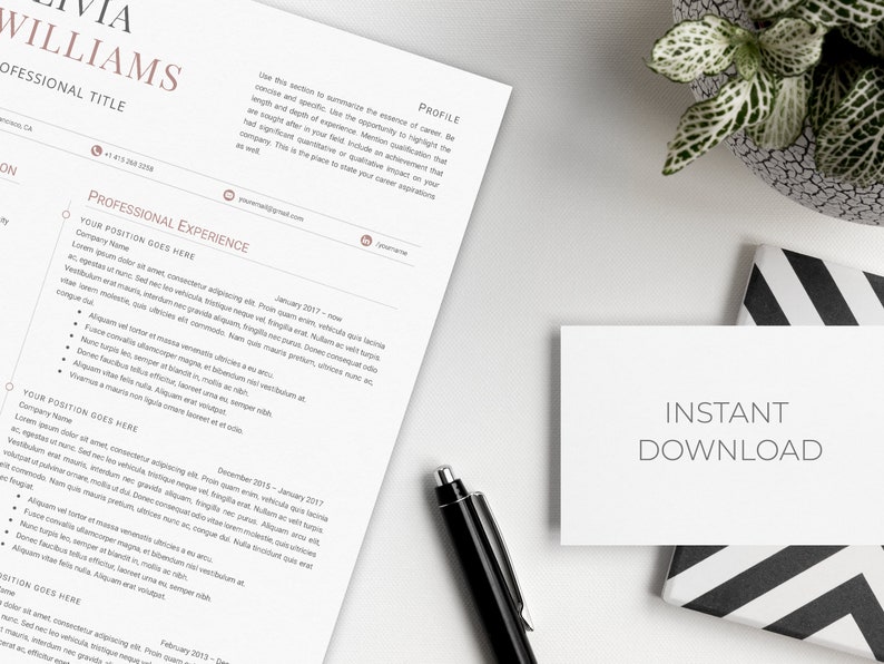 May include: A resume template with a pink and white color scheme. The template includes sections for professional title, professional experience, and profile. The text "INSTANT DOWNLOAD" is visible in the bottom right corner of the image.
