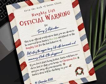 Avertissement de la liste des vilains pères Noël | Certificat de liste coquine imprimable | Lettre du Père Noël | Lettre d’avertissement du Père Noël | Notification de liste coquine