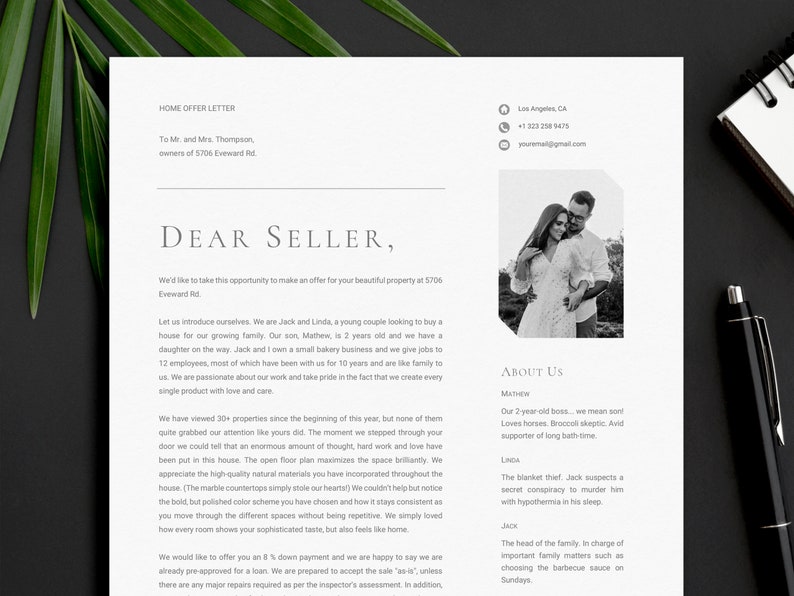 May include: A printed home offer letter on white paper with the text "DEAR SELLER" and contact information. A black and white photo of a couple is included. A black pen and notepad are in the background.