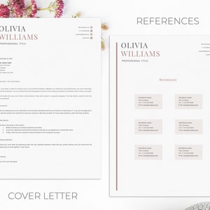 May include: A minimalist resume template with a cover letter and references page. The template features a simple design with a pink accent color and a professional font.