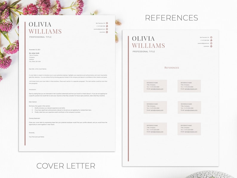 May include: A minimalist resume template with a cover letter and references page. The template features a simple design with a pink accent color and a professional font.