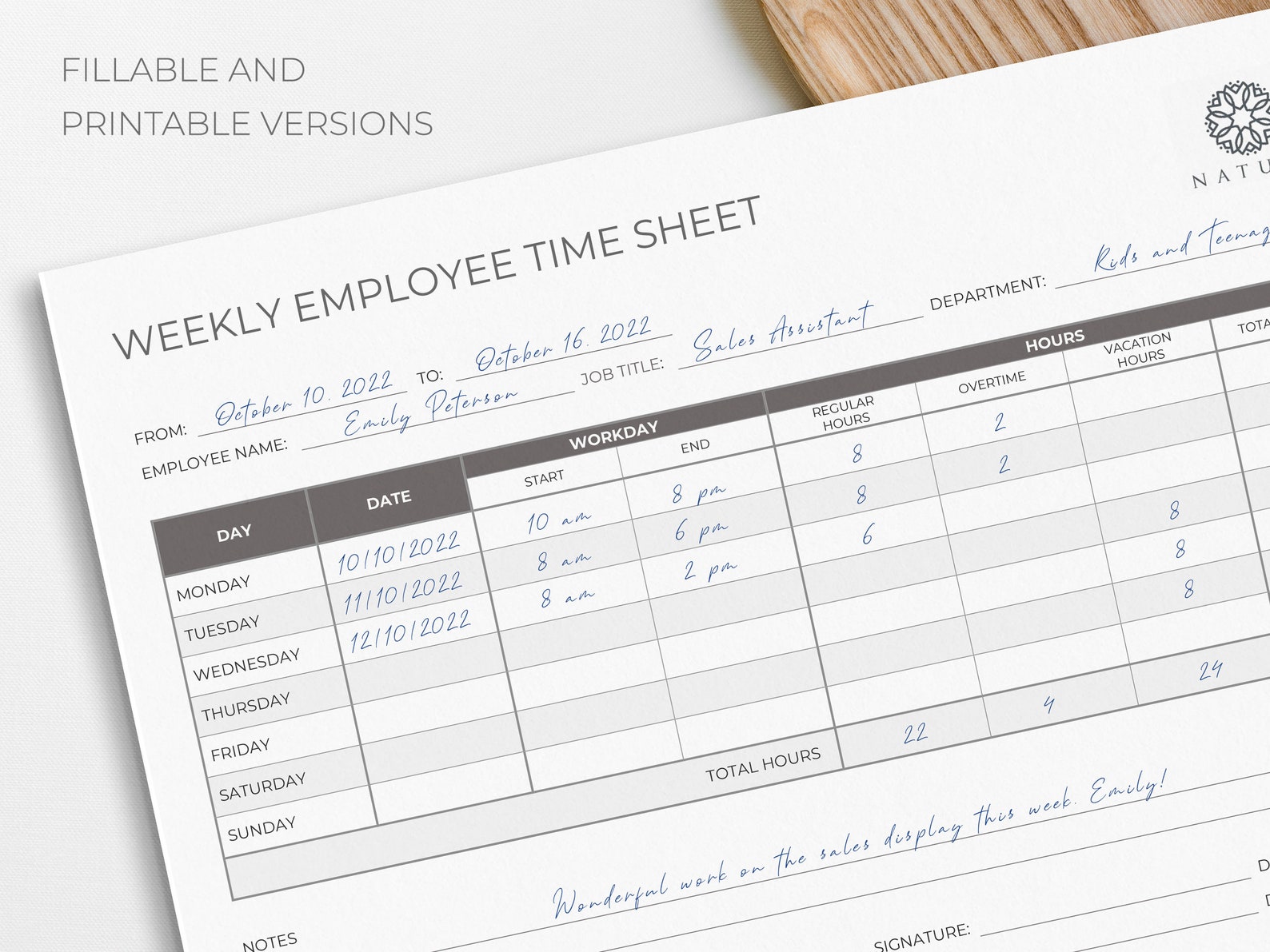 Employee Timesheet Weekly Editable and Printable Time Card Work Hours