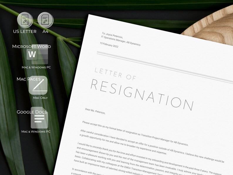 Professional Resignation Letter Template + Sample Letter & Writing Tips | Notice Letter | Microsoft Word, Google Docs and Mac Pages image 3