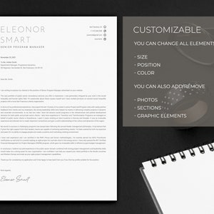 May include: A black and white resume template with the name "ELEONOR SMART" and the title "SENIOR PROGRAM MANAGER" at the top. The text "CUSTOMIZABLE" is displayed with options for size, position, color, photos, sections, and graphic elements.