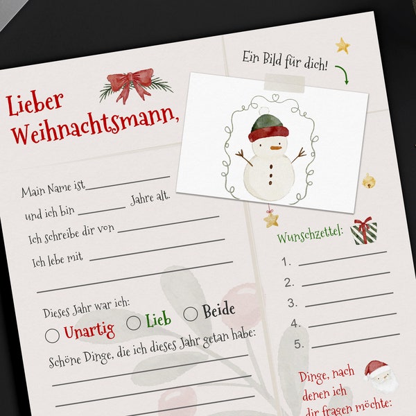 Brief an den Weihnachtsmann | Wunschzettel zum Ausdrucken | Lieber Weihnachtsmann | Weihnachtsgeschenk-Wunschliste | Letter to Santa Deutsch