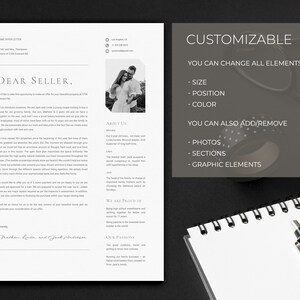 May include: A customizable home offer letter template with the text "DEAR SELLER" and "CUSTOMIZABLE". The design includes a photo, sections, and graphic elements. The template allows for changes in size, position, and color.