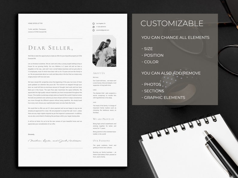 May include: A customizable home offer letter template with the text "DEAR SELLER" and "CUSTOMIZABLE". The design includes a photo, sections, and graphic elements. The template allows for changes in size, position, and color.