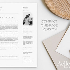 May include: A home offer letter template with the text "DEAR SELLER" and "COMPACT ONE-PAGE VERSION". The design includes a photo of a couple, contact information, and the words "ABOUT US" and "WE ARE PROUD OF".