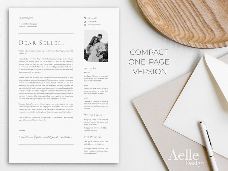 May include: A home offer letter template with the text "DEAR SELLER" and "COMPACT ONE-PAGE VERSION". The design includes a photo of a couple, contact information, and the words "ABOUT US" and "WE ARE PROUD OF".