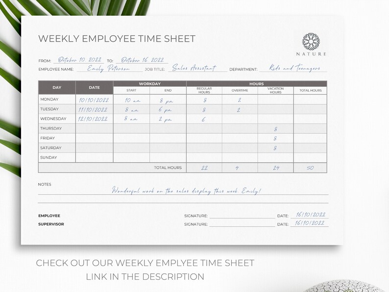 Employee Time Sheet Monthly Editable and Printable Time Card Work Hours