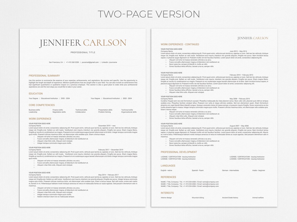 ATS Resume Template Google Docs, Word and Mac Pages 1 Page Resume and 2 Page Resume Cover Letter