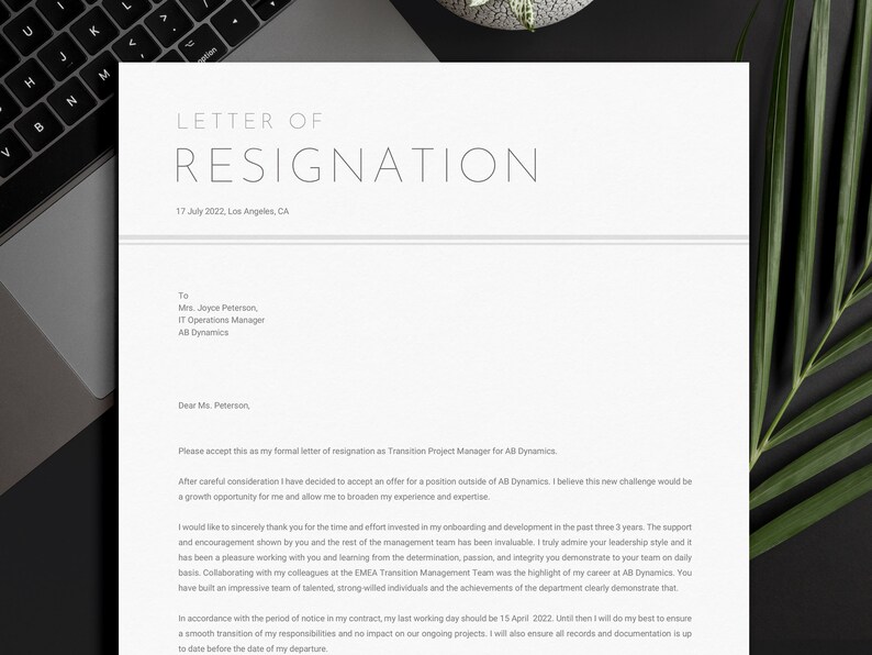 May include: A formal letter of resignation from a Transition Project Manager for AB Dynamics, dated July 17, 2022, in Los Angeles, CA. The letter is addressed to Mrs. Joyce Peterson, IT Operations Manager at AB Dynamics.