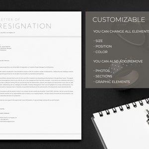 May include: A customizable resignation letter template with a gray background and black text. The text reads "Letter of Resignation" and "Customizable". The template allows you to change the size, position, and color of elements, as well as add or remove photos, sections, and graphic elements.