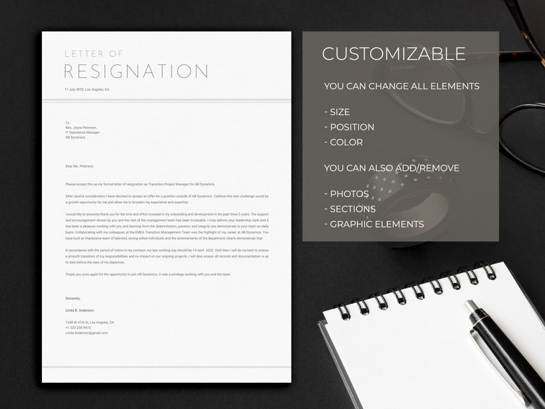 May include: A customizable resignation letter template with a gray background and black text. The text reads "Letter of Resignation" and "Customizable". The template allows you to change the size, position, and color of elements, as well as add or remove photos, sections, and graphic elements.