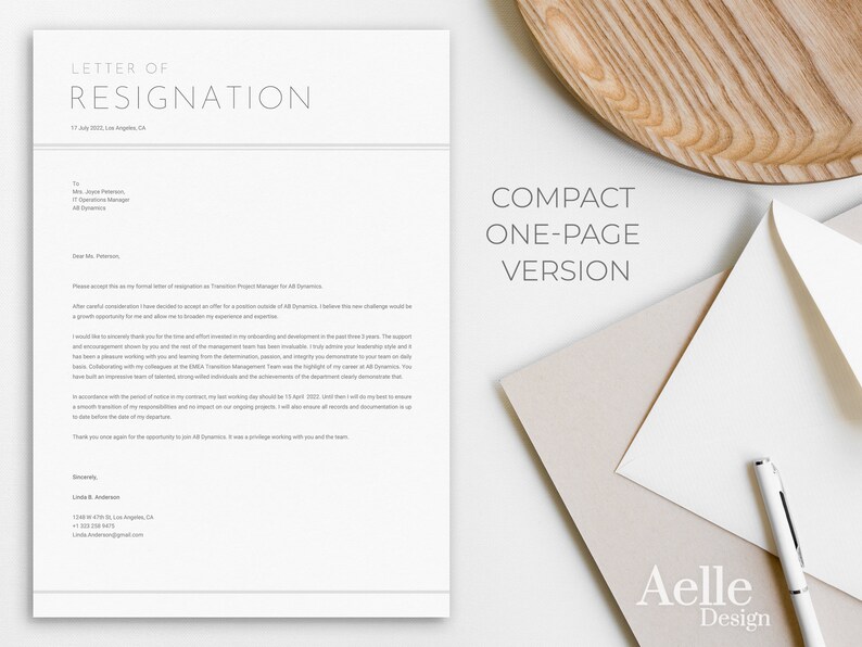 May include: A formal letter of resignation written on a white sheet of paper. The letter is addressed to Ms. Peterson, IT Operations Manager at AB Dynamics. The letter states that the writer is resigning from their position as Transition Project Manager for AB Dynamics, effective 11 April 2022.