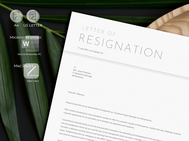 May include: A formal letter of resignation as Transition Project Manager for AB Dynamics dated July 17, 2022, in Los Angeles, CA. The letter is addressed to Mrs. Joyce Peterson, IT Operations Manager at AB Dynamics.