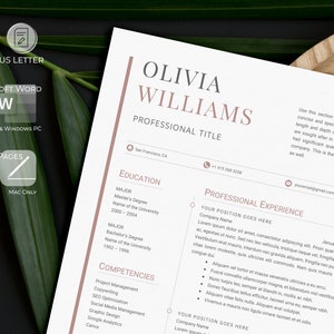 May include: A resume template with a pink and white color scheme. The resume is for Olivia Williams, who has a professional title, education, and professional experience listed. The resume is formatted with a clean and modern design.