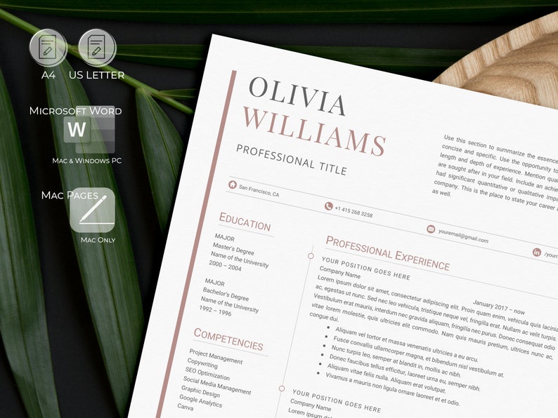 May include: A resume template with a pink and white color scheme. The resume is for Olivia Williams, who has a professional title, education, and professional experience listed. The resume is formatted with a clean and modern design.